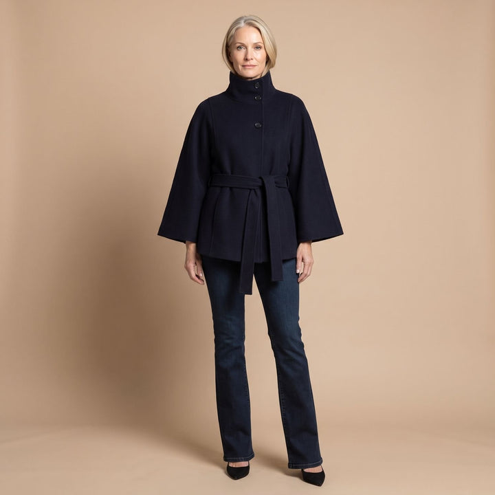 Women's Belted Cape-Style High-Collar Wool Coat