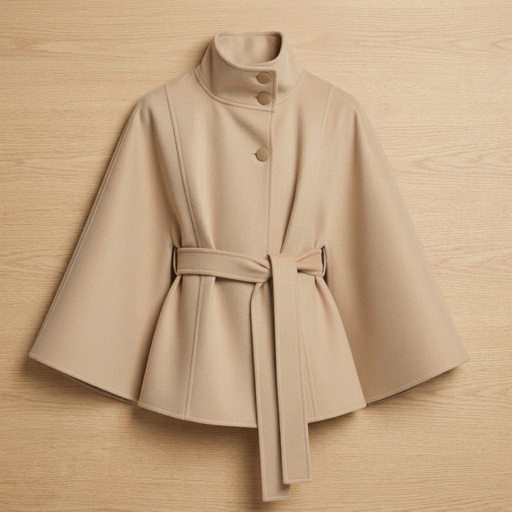 Women's Belted Cape-Style High-Collar Wool Coat