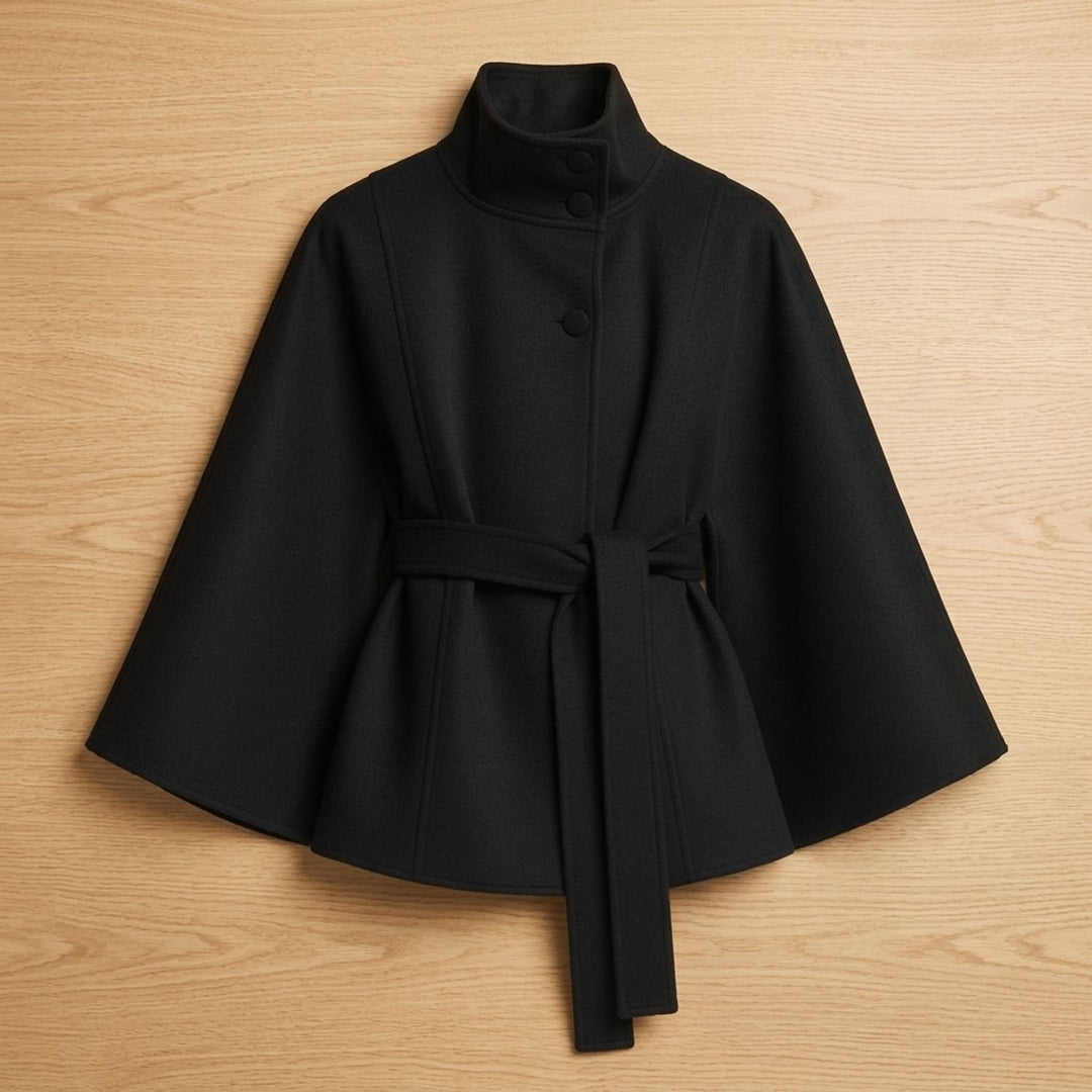 Women's Belted Cape-Style High-Collar Wool Coat