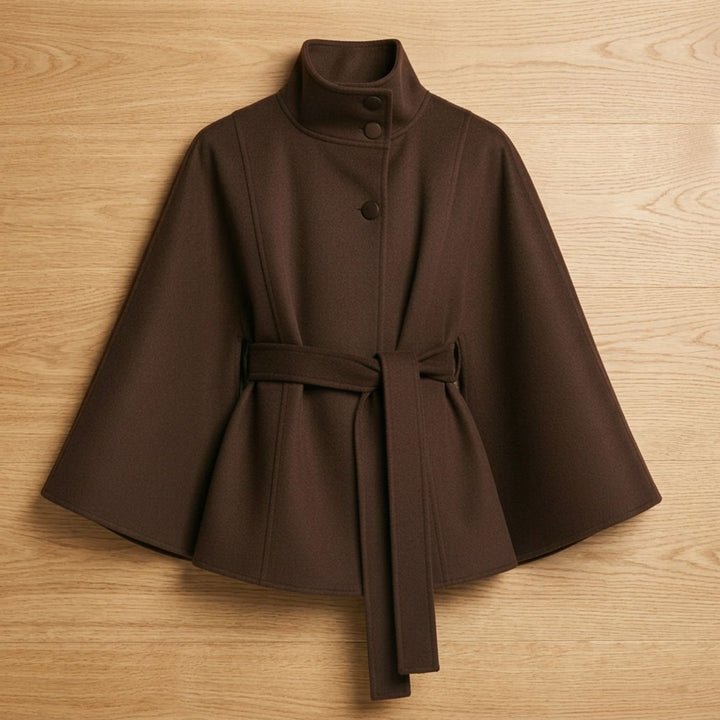 Women's Belted Cape-Style High-Collar Wool Coat