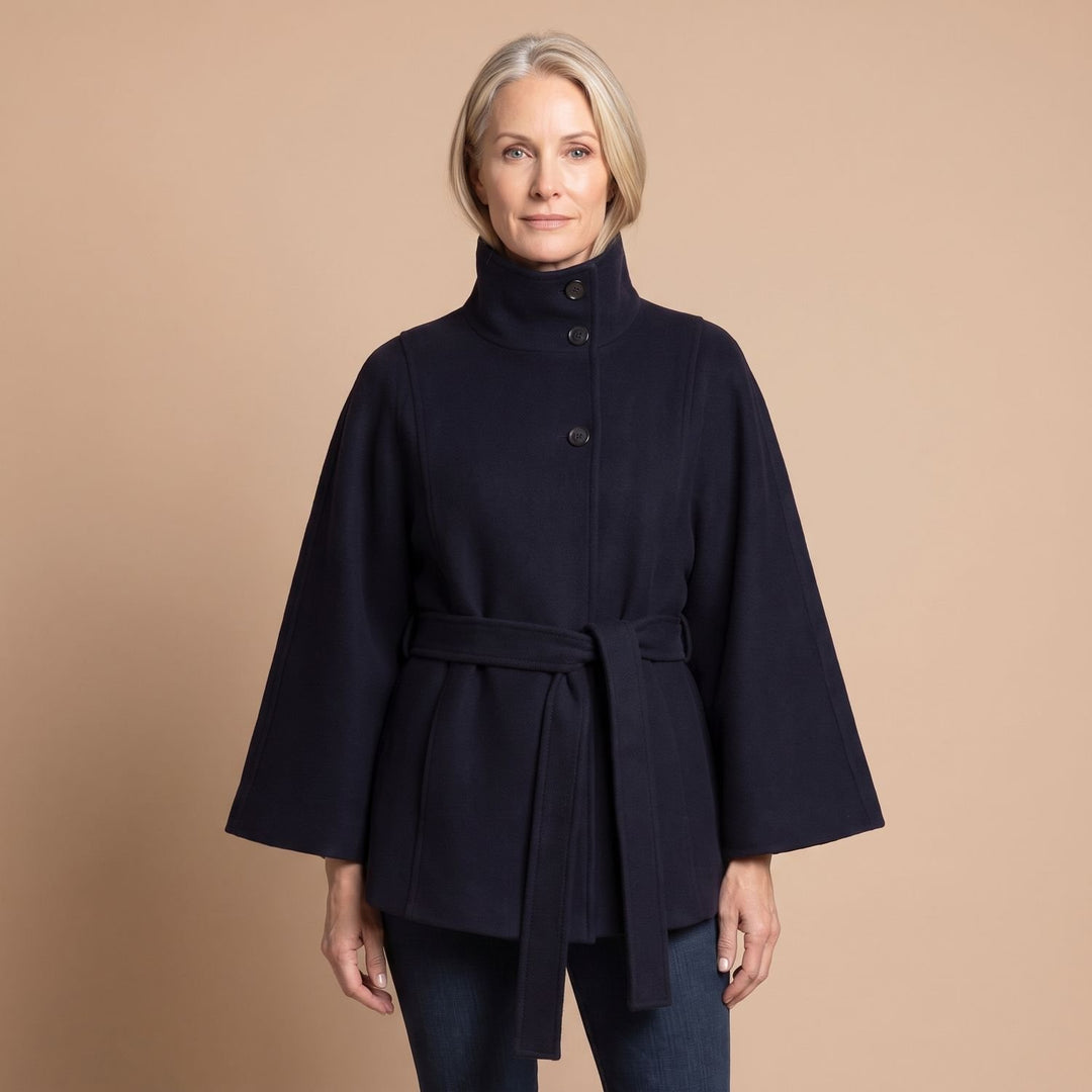 Women's Belted Cape-Style High-Collar Wool Coat
