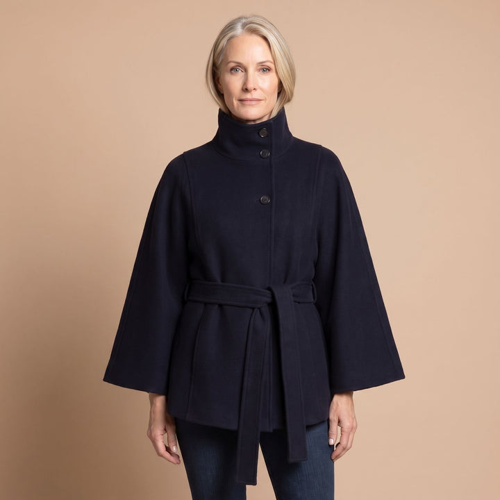 Women's Belted Cape-Style High-Collar Wool Coat