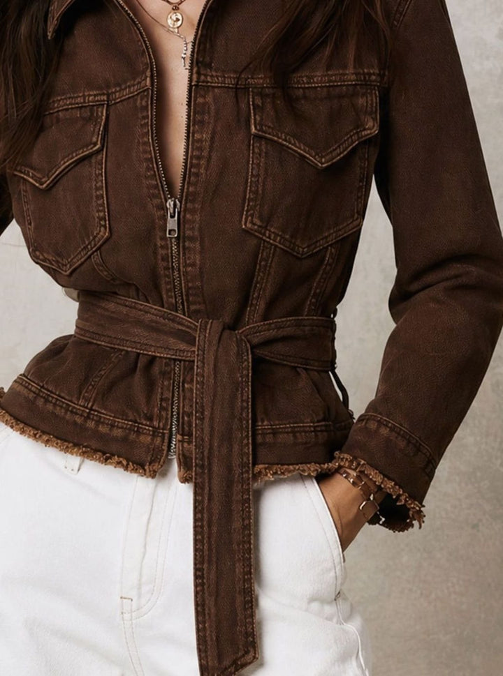 Women's Belted Denim Zip-Front Cropped Jacket