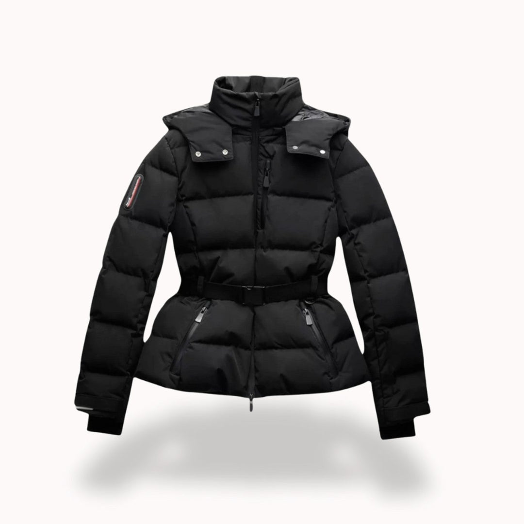 Women's Belted Hooded Quilted Jacket Puffer - Black