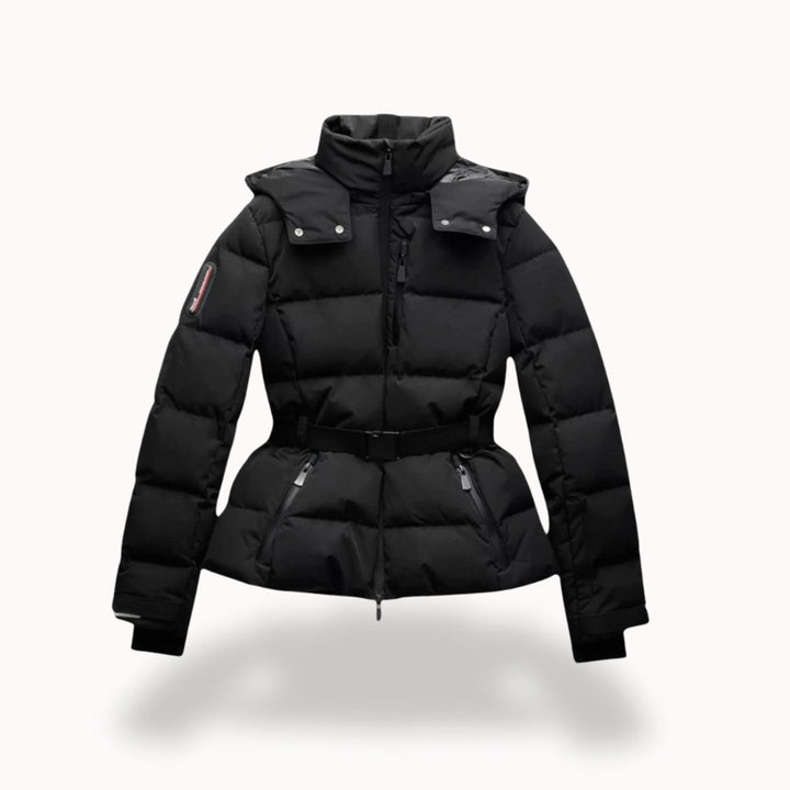Women's Belted Hooded Quilted Jacket Puffer - Black