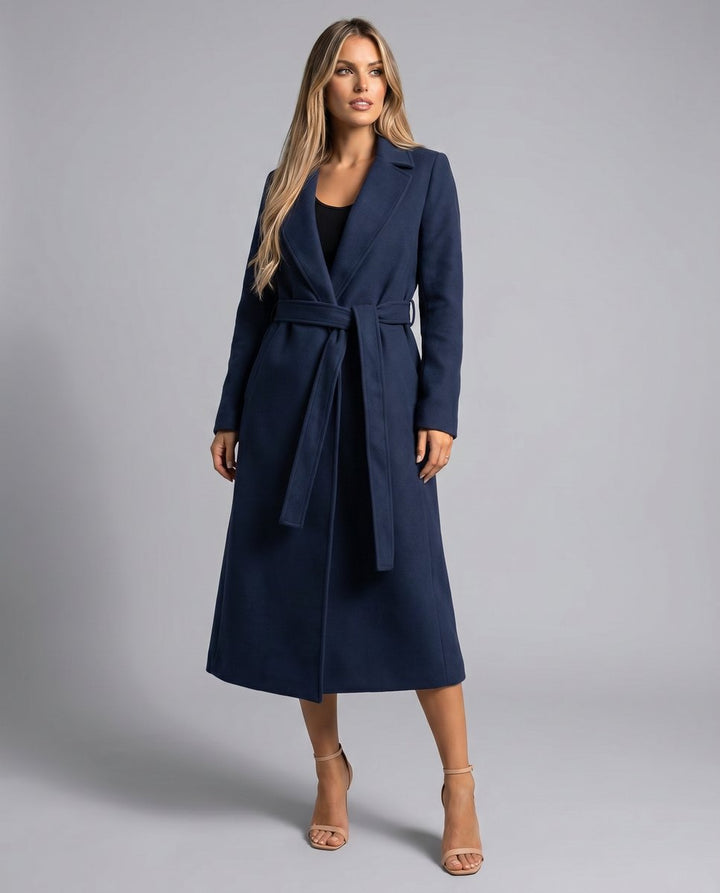 Women's Belted Wool-Blend Long Trench Coat Notched Lapel Overcoat