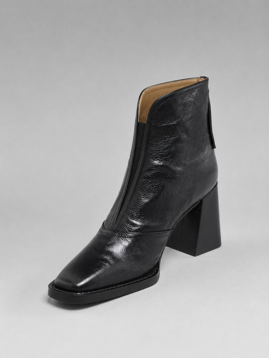 Women's Black Leather-Look Block Heel Ankle Boots - Black