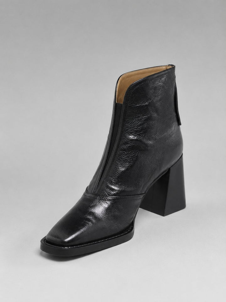 Women's Black Leather-Look Block Heel Ankle Boots - Black