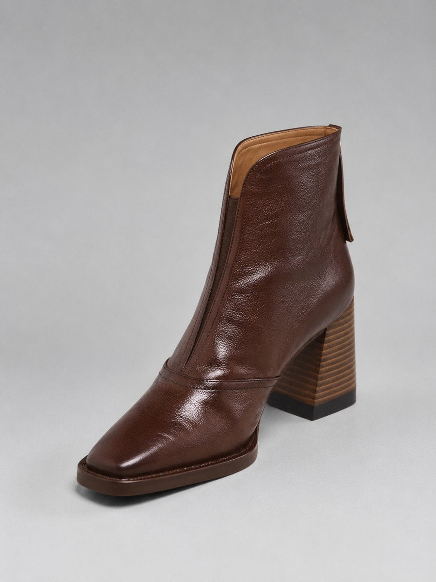 Women's Black Leather-Look Block Heel Ankle Boots - Brown