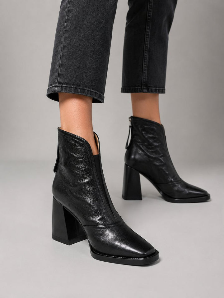 Women's Black Leather-Look Block Heel Ankle Boots