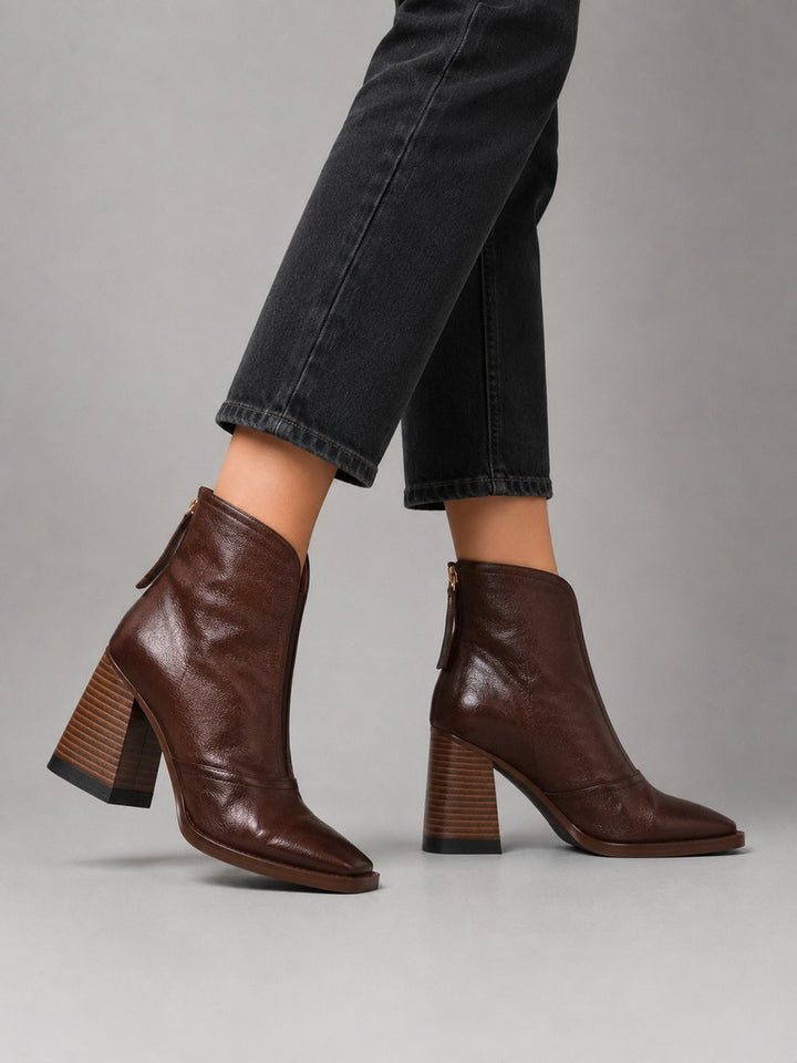 Women's Black Leather-Look Block Heel Ankle Boots