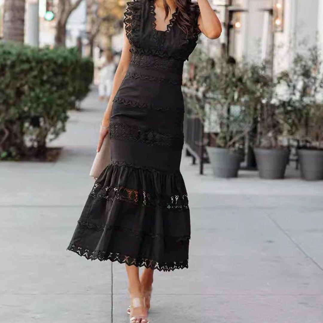 Women's Black Maxi Dress Lace-Trim Cotton Sleeveless Mermaid Hem