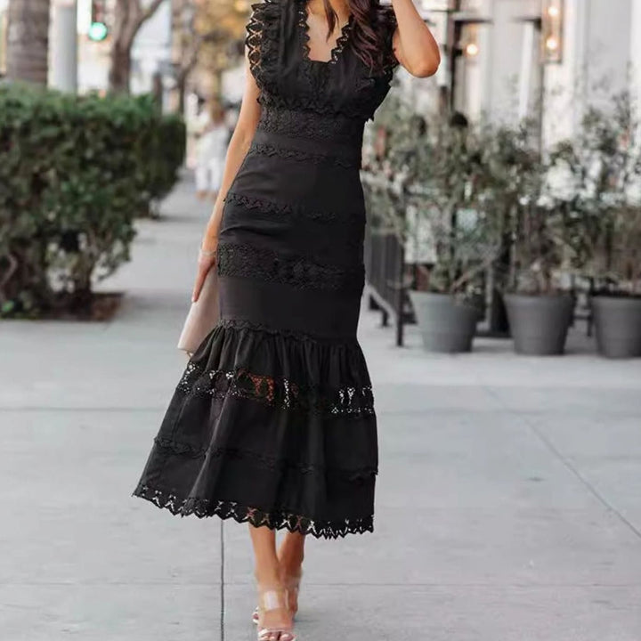 Women's Black Maxi Dress Lace-Trim Cotton Sleeveless Mermaid Hem