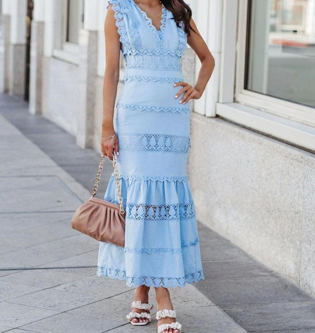 Women's Black Maxi Dress Lace-Trim Cotton Sleeveless Mermaid Hem