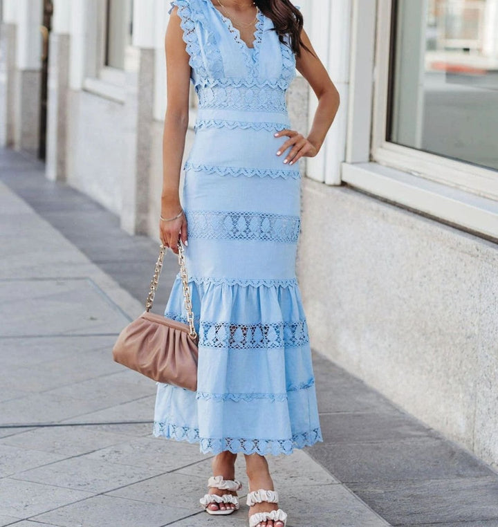 Women's Black Maxi Dress Lace-Trim Cotton Sleeveless Mermaid Hem