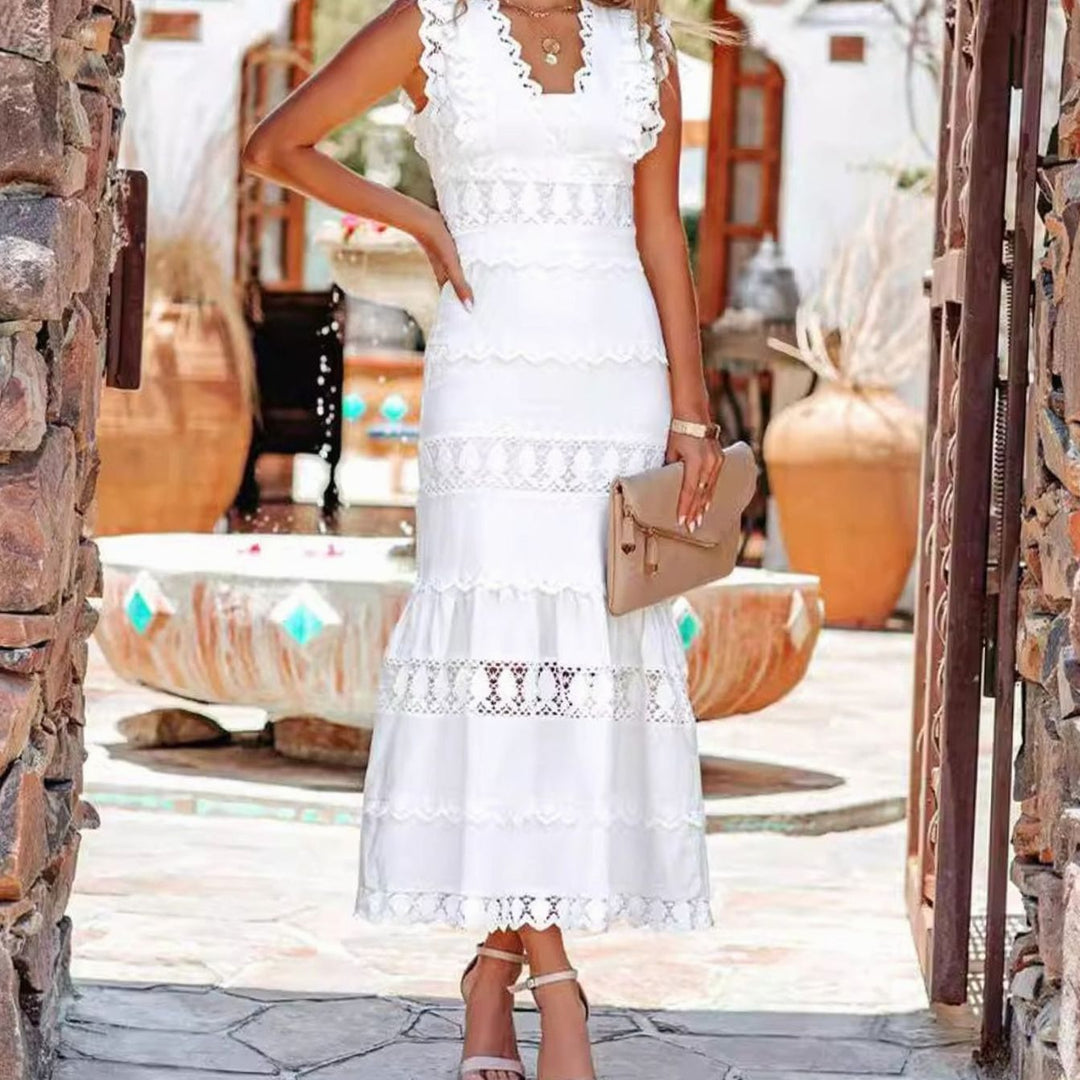 Women's Black Maxi Dress Lace-Trim Cotton Sleeveless Mermaid Hem