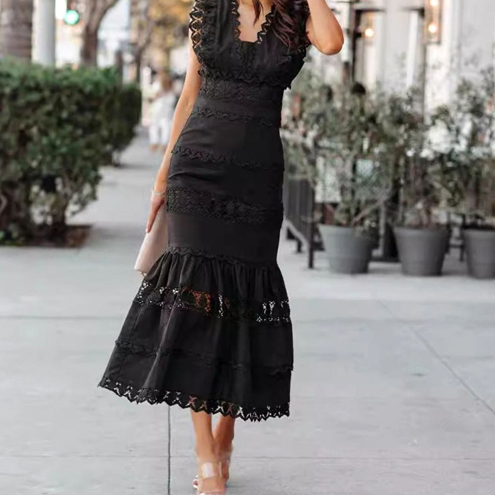 Women's Black Maxi Dress Lace-Trim Cotton Sleeveless Mermaid Hem - Black