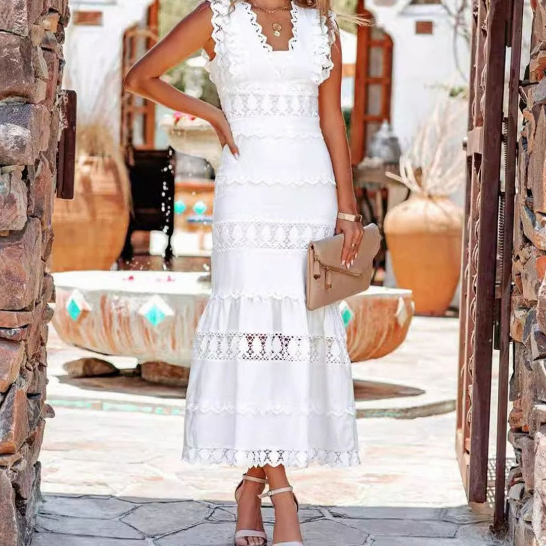 Women's Black Maxi Dress Lace-Trim Cotton Sleeveless Mermaid Hem