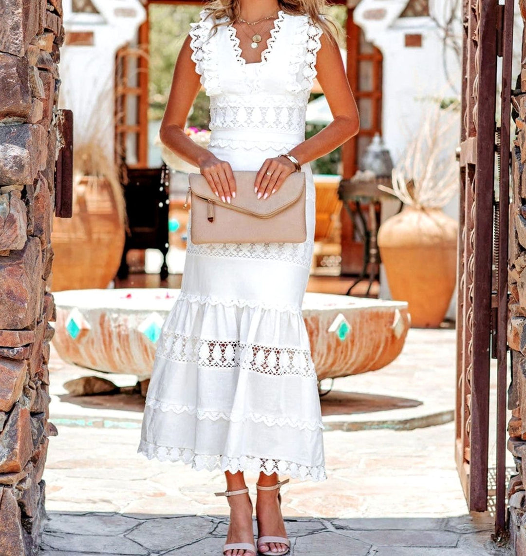 Women's Black Maxi Dress Lace-Trim Cotton Sleeveless Mermaid Hem - White