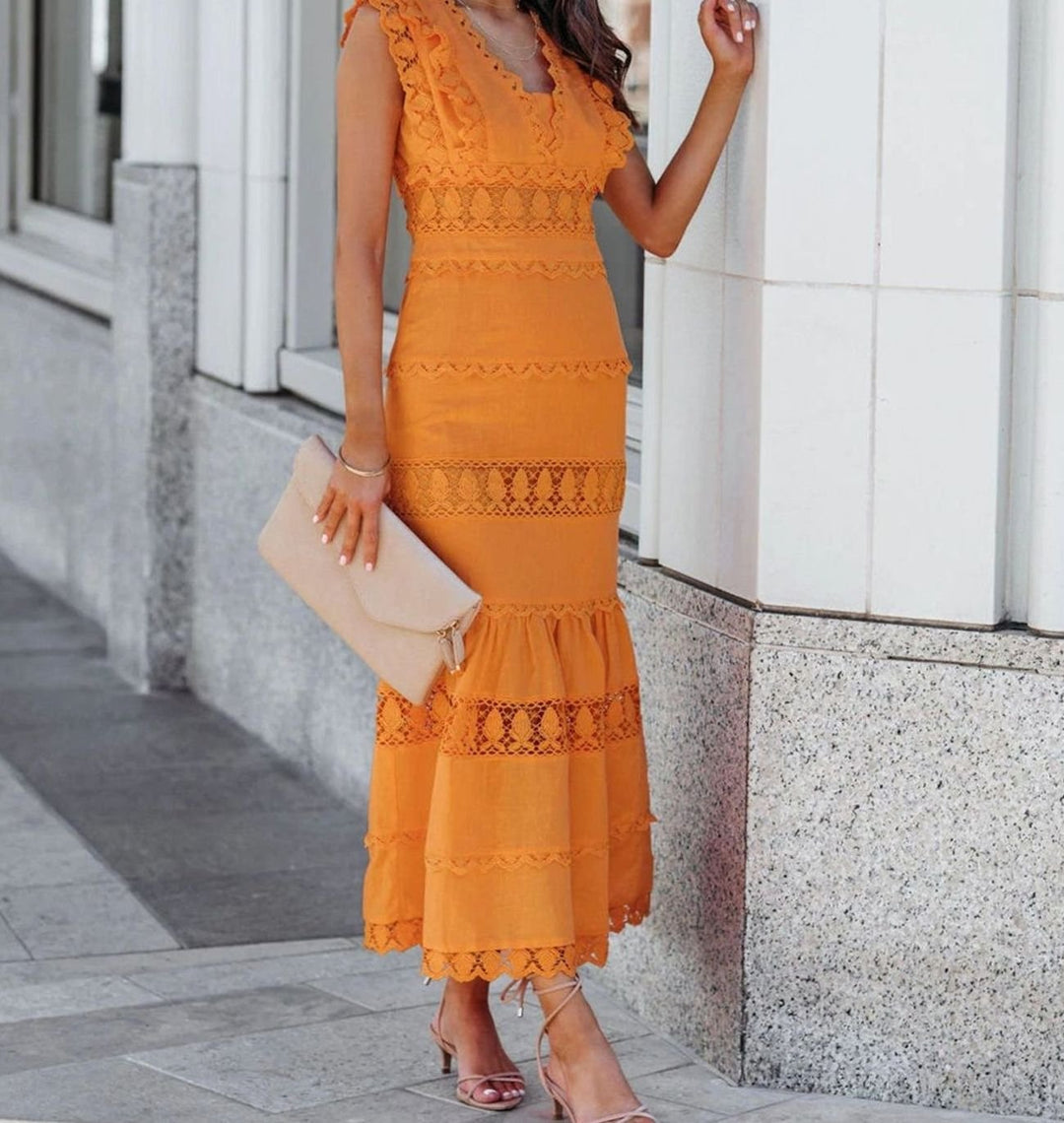 Women's Black Maxi Dress Lace-Trim Cotton Sleeveless Mermaid Hem - Yellow