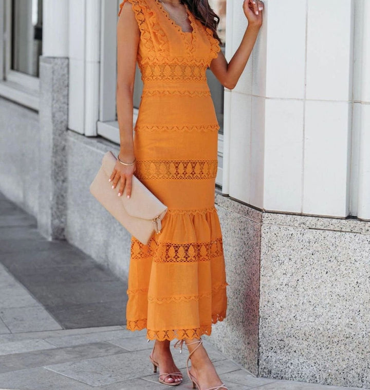 Women's Black Maxi Dress Lace-Trim Cotton Sleeveless Mermaid Hem - Yellow