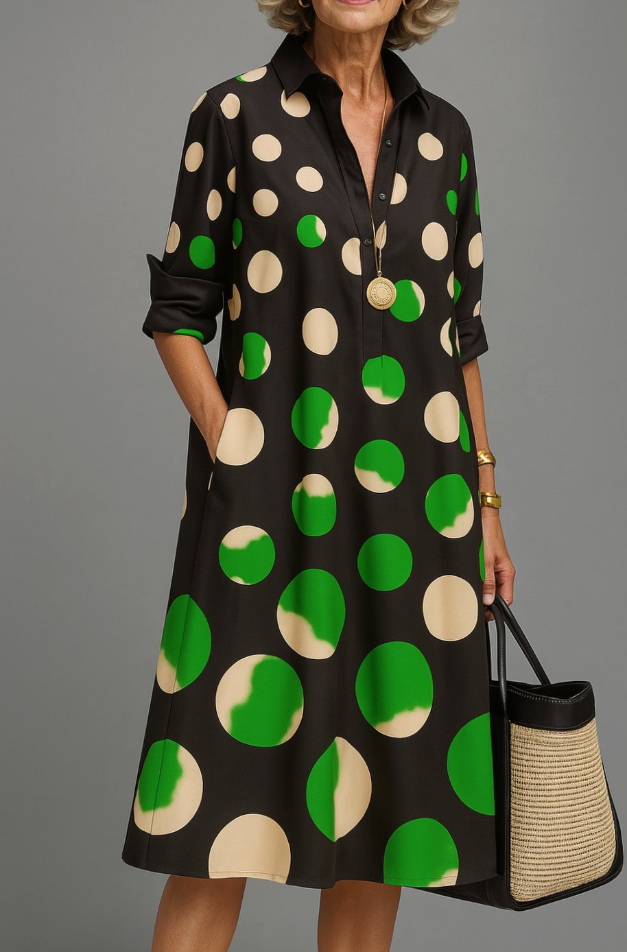 Women's Black Polka-Dot Collared Midi Cocktail Dress Sleeves - Black