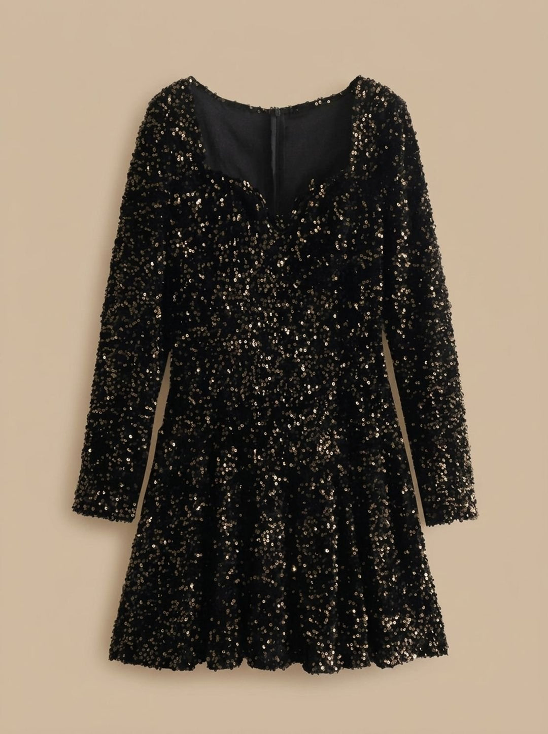 Women's Black Sequin Long-Sleeve Sweetheart Mini Christmas Party Dress