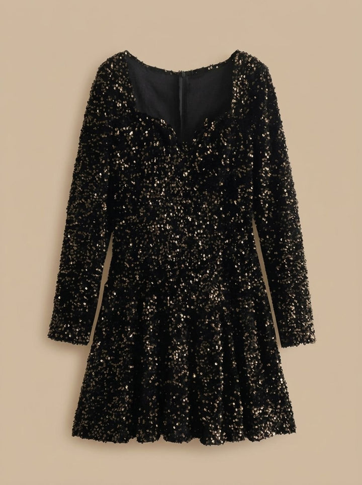 Women's Black Sequin Long-Sleeve Sweetheart Mini Christmas Party Dress