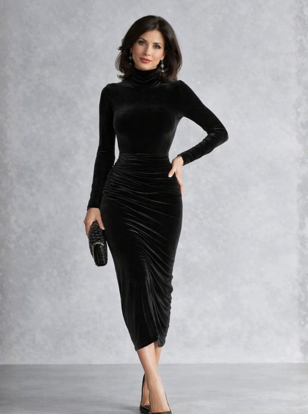 Women's Black Velvet Ruched Turtleneck Midi Cocktail Dress - Black