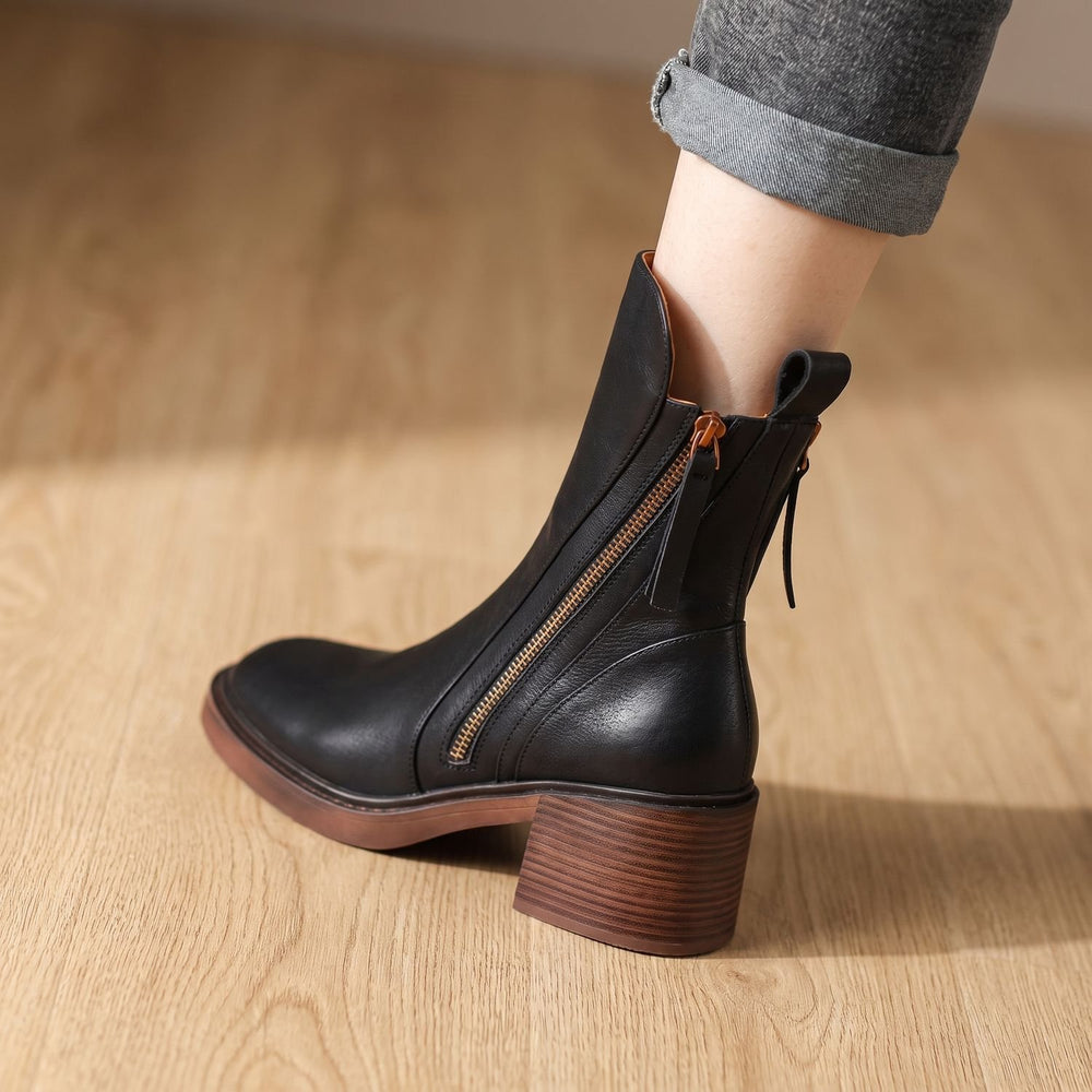 Women's Block-Heel Back-Zip Faux Leather Ankle Boots