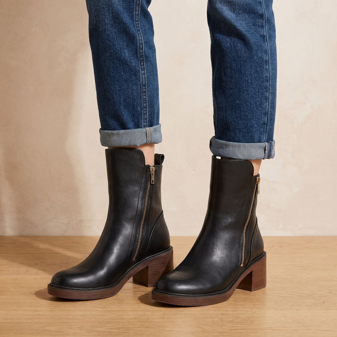 Women's Block-Heel Back-Zip Faux Leather Ankle Boots