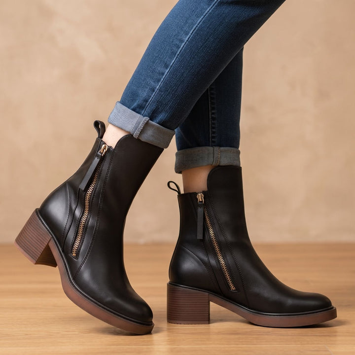 Women's Block-Heel Back-Zip Faux Leather Ankle Boots