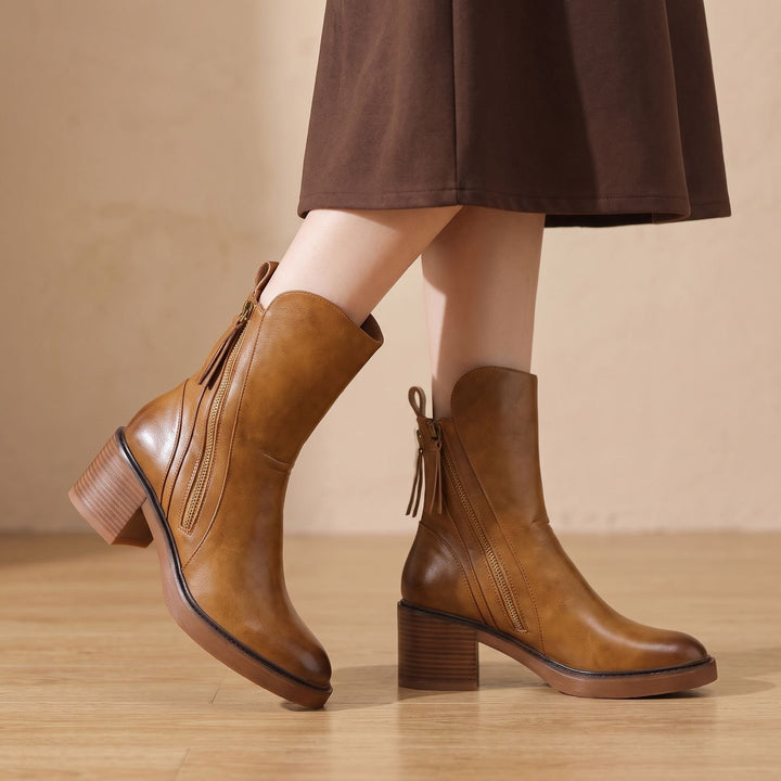 Women's Block-Heel Back-Zip Faux Leather Ankle Boots - Brown