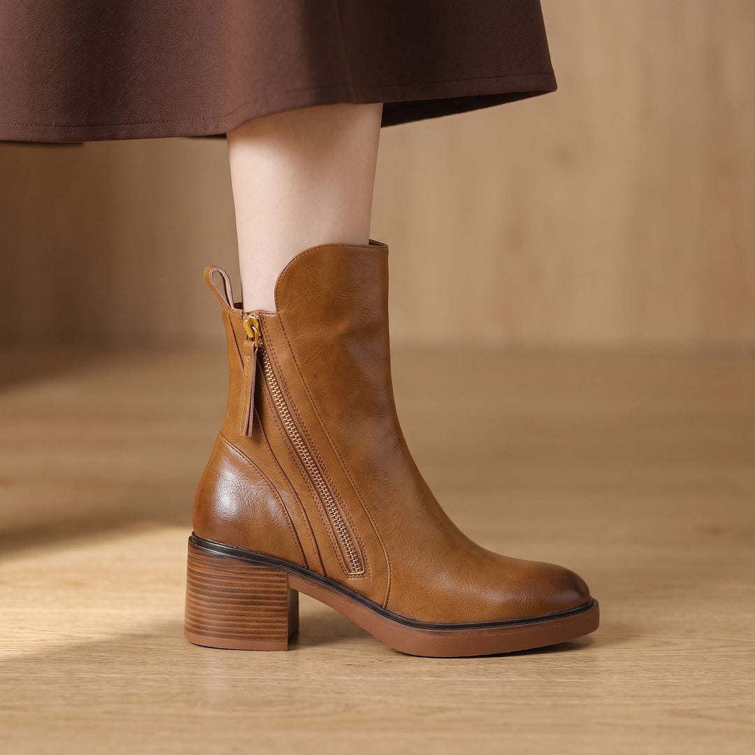 Women's Block-Heel Back-Zip Faux Leather Ankle Boots