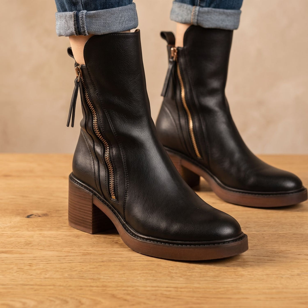 Women's Block-Heel Back-Zip Faux Leather Ankle Boots