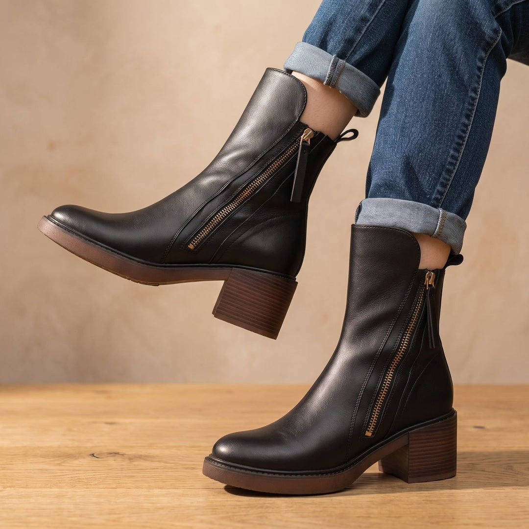 Women's Block-Heel Back-Zip Faux Leather Ankle Boots