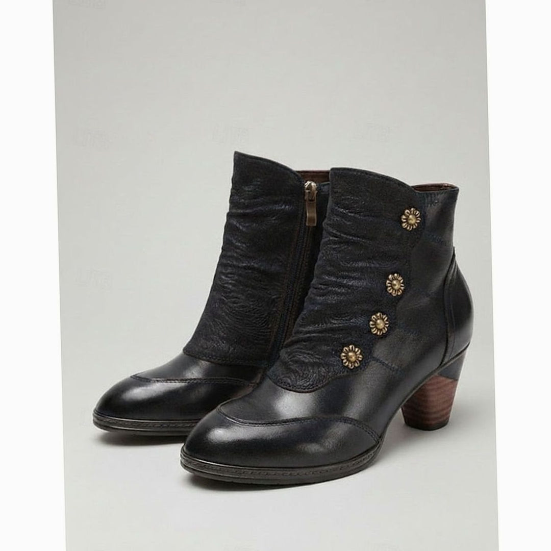 Women's Block-Heel Floral-Button Ruched Ankle Booties - Black