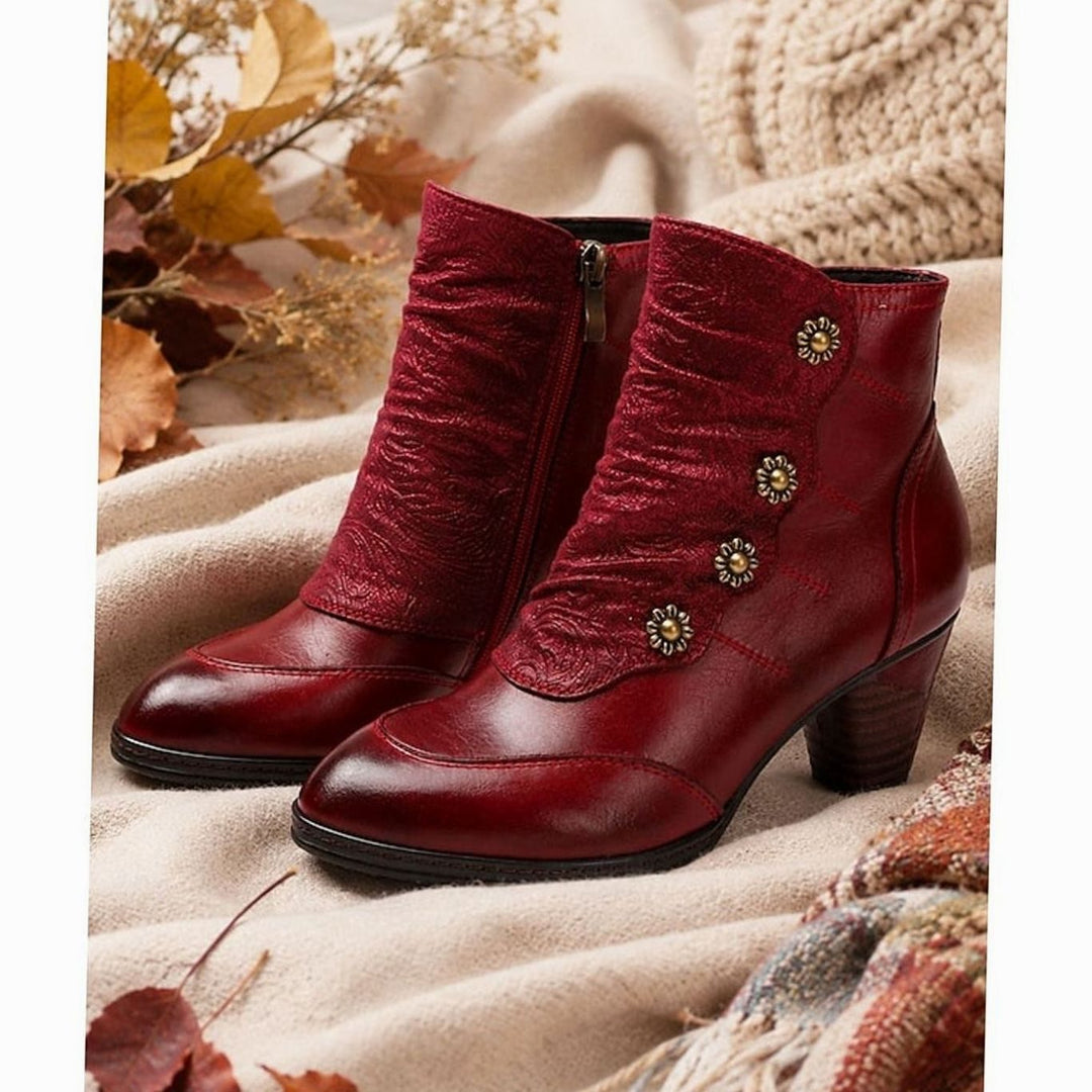Women's Block-Heel Floral-Button Ruched Ankle Booties