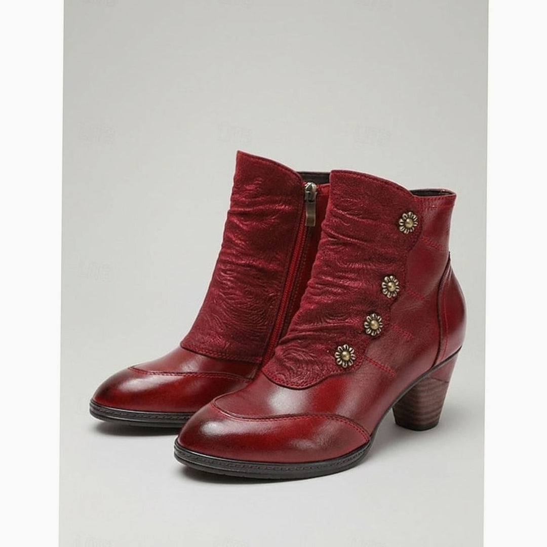 Women's Block-Heel Floral-Button Ruched Ankle Booties - Wine