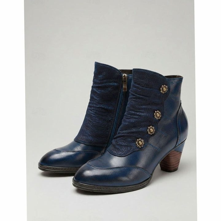 Women's Block-Heel Floral-Button Ruched Ankle Booties - Blue