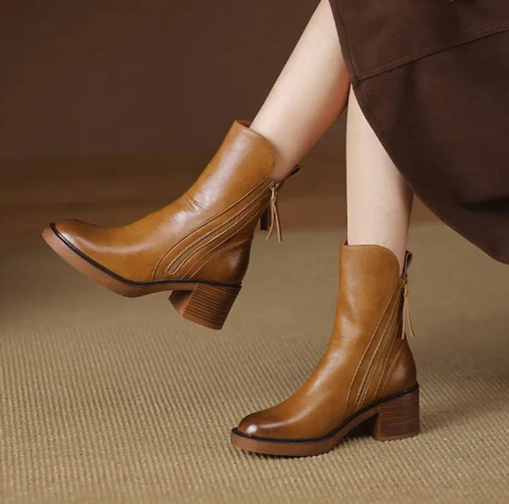 Women's Block Heel Side-Zip Leather Ankle Boots - Brown