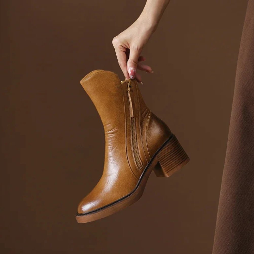 Women's Block Heel Side-Zip Leather Ankle Boots