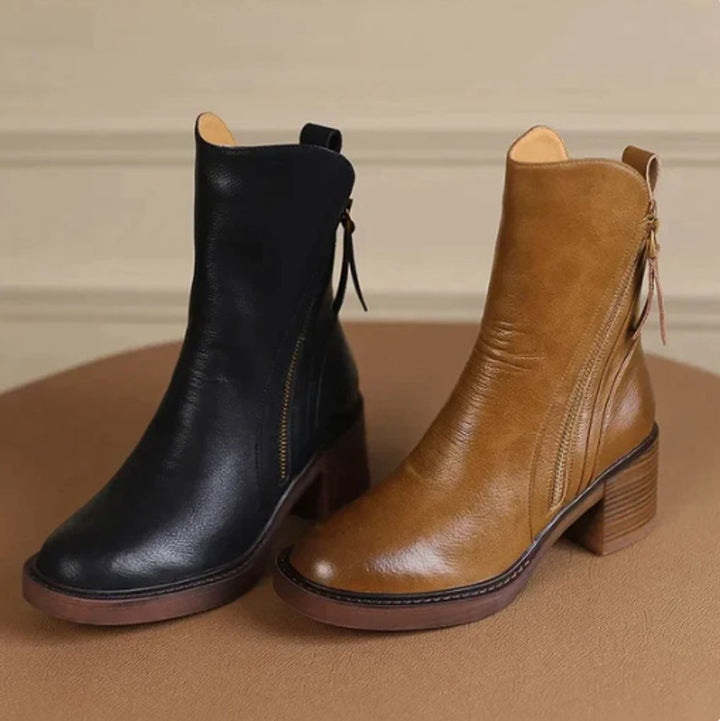 Women's Block Heel Side-Zip Leather Ankle Boots