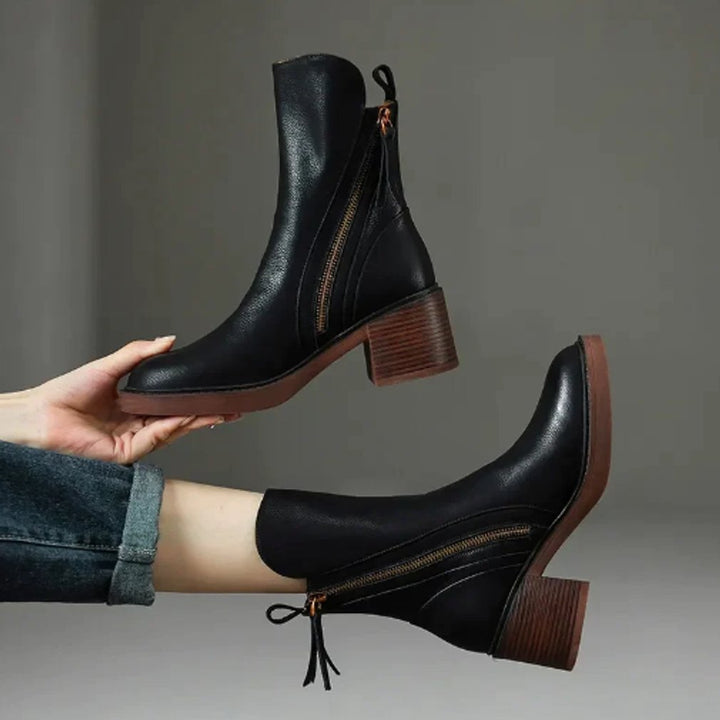 Women's Block Heel Side-Zip Leather Ankle Boots - Black