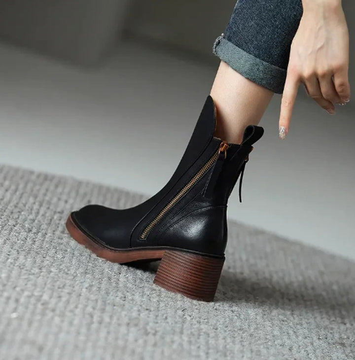Women's Block Heel Side-Zip Leather Ankle Boots