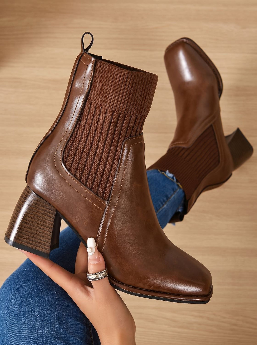 Women's Block Heel Slip-On Ankle Boots Knit Sock Shaft