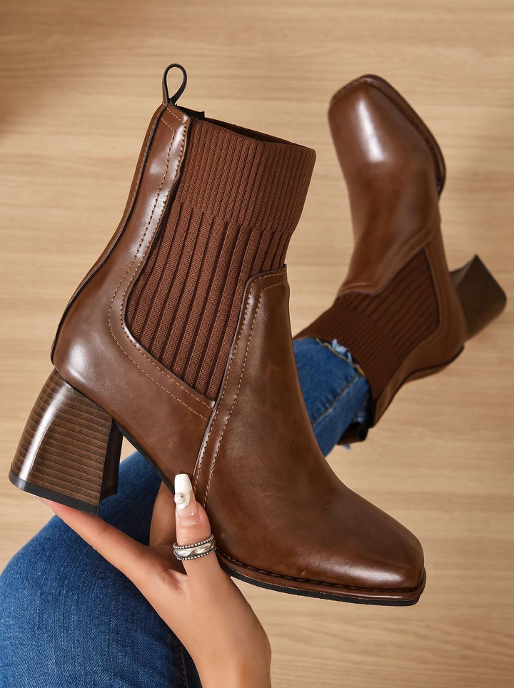 Women's Block Heel Slip-On Ankle Boots Knit Sock Shaft