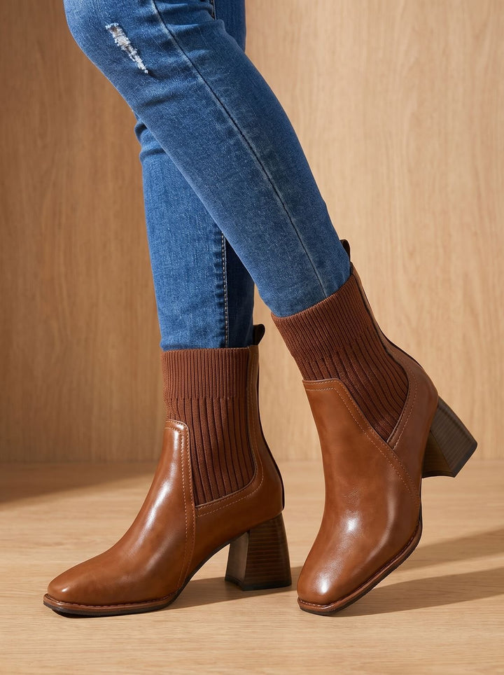 Women's Block Heel Slip-On Ankle Boots Knit Sock Shaft