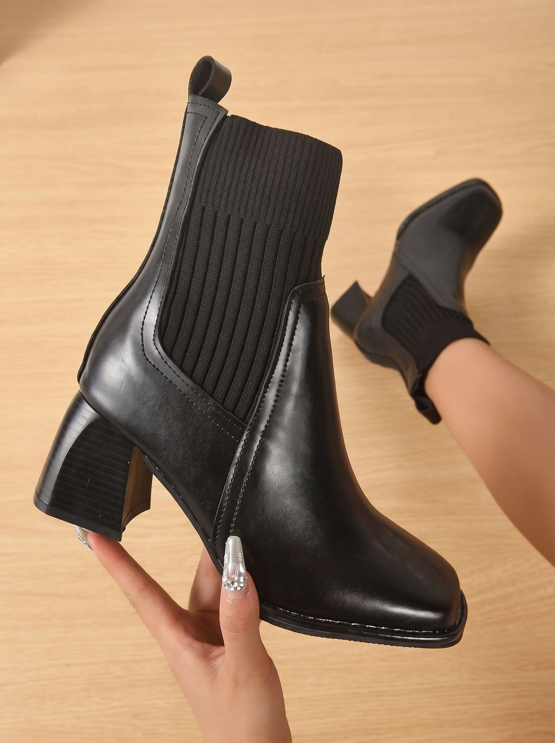 Women's Block Heel Slip-On Ankle Boots Knit Sock Shaft