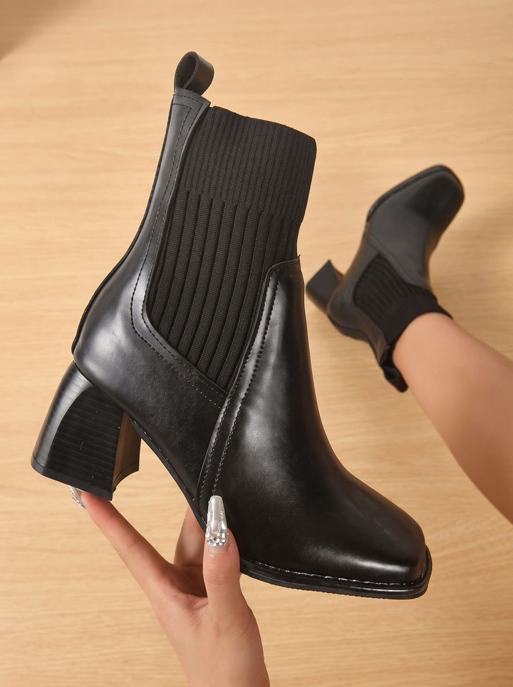 Women's Block Heel Slip-On Ankle Boots Knit Sock Shaft